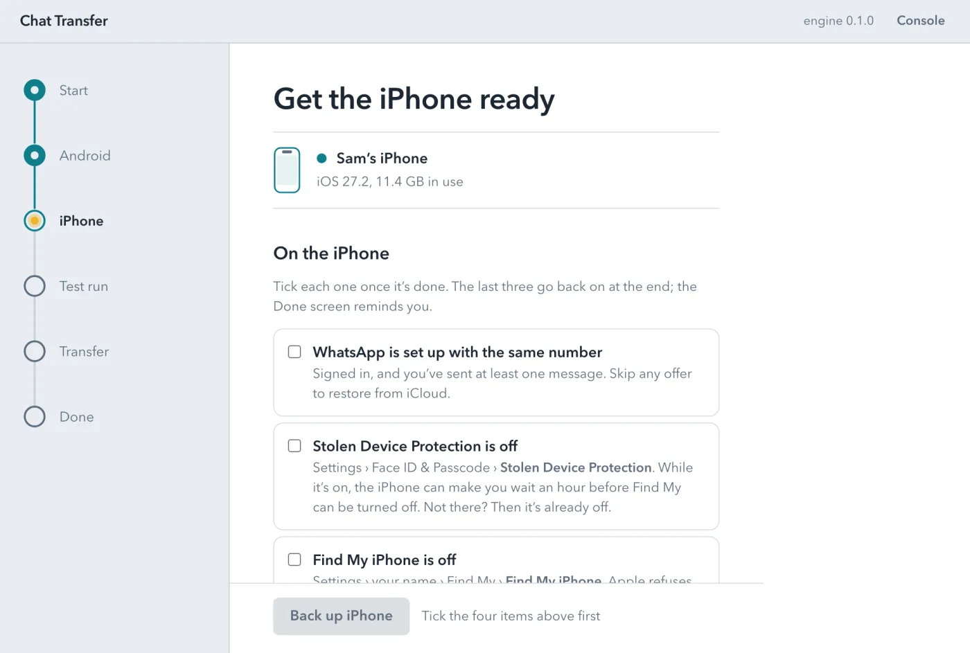 The iPhone screen: a connected iPhone and a checklist of settings to change before the backup.
