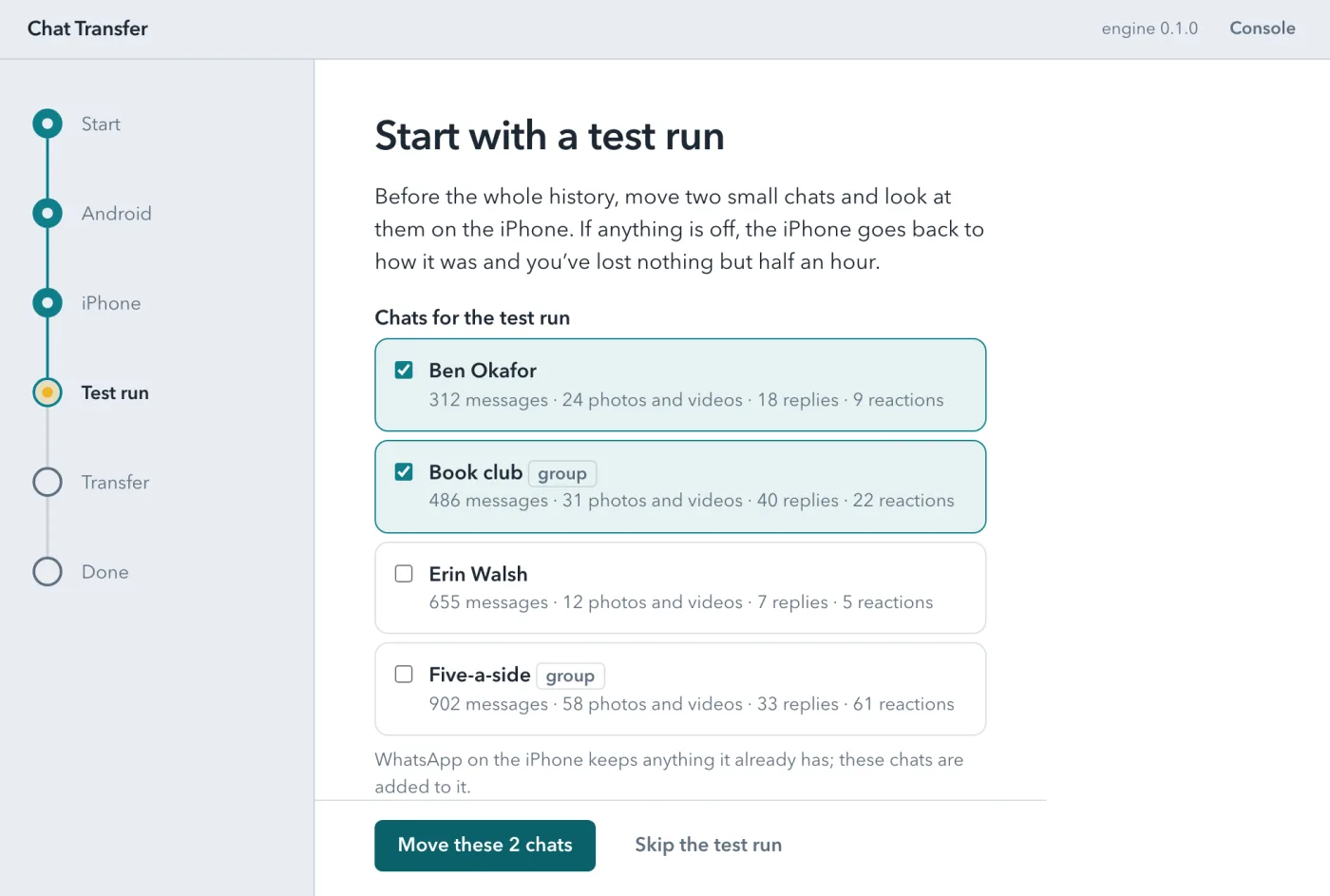 The Test run screen: four suggested chats with counts of messages, photos, replies and reactions; two are ticked.