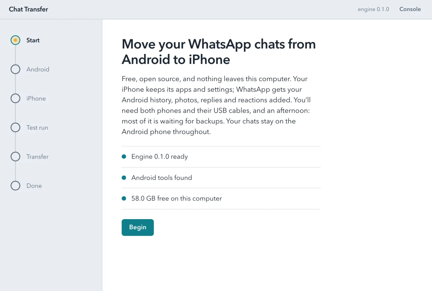 The Start screen: three checks with green lamps and a Begin button.